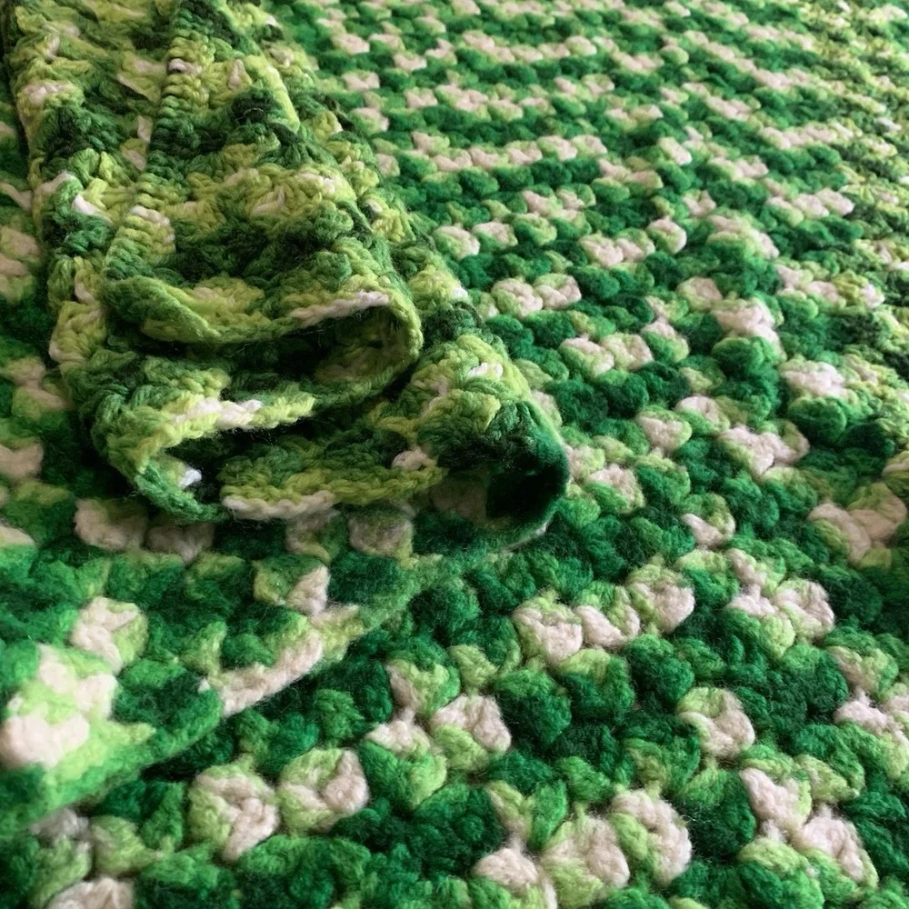 Handmade Crochet Afghan Throw 84x49 Shades Of Green White Textured Squares